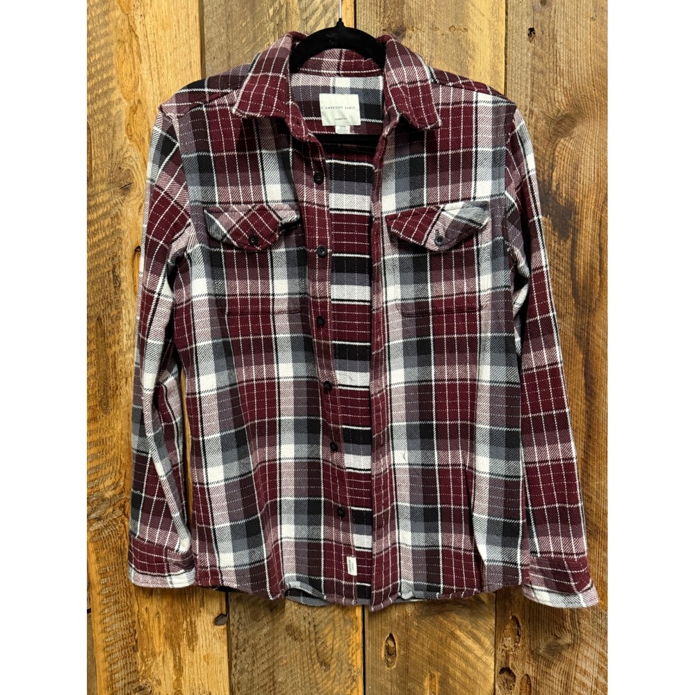 American Eagle Thick Plaid Flannel Womens S Burgundy Grunge Indie Western Soft